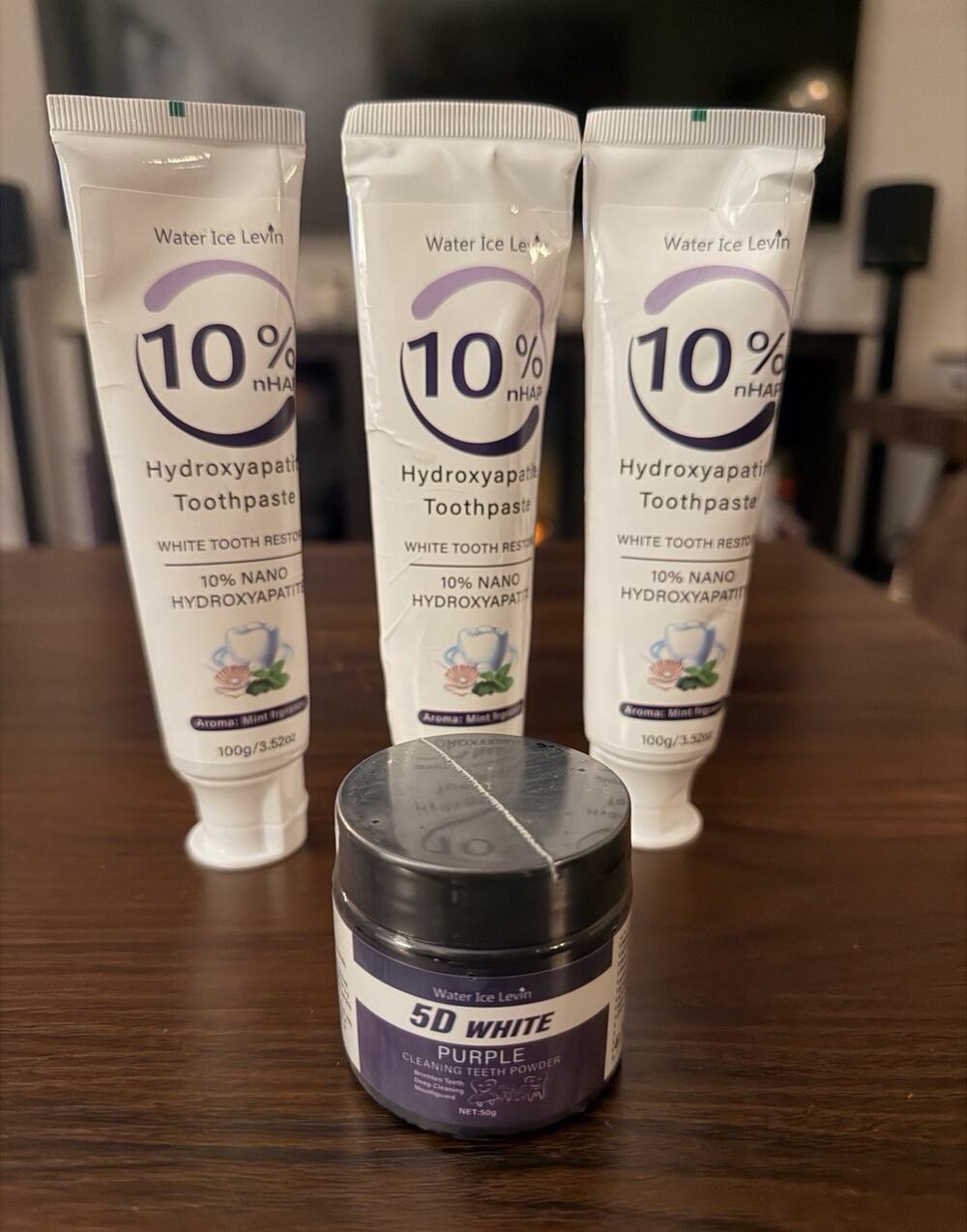 4Pc Water Ice Levin - 3x 10% Nano Hydroxyapatite Toothpaste & Purple powder